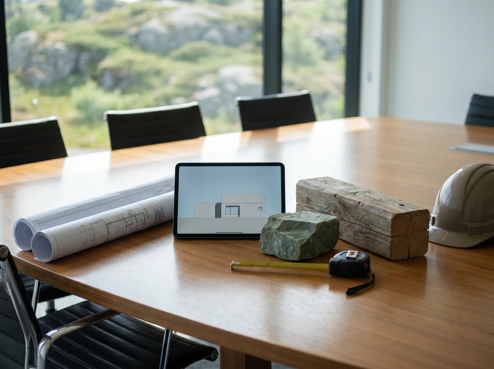 Arkitektbord med ritningar, surfplatta, stenprover, träbit och bygghjälm.
