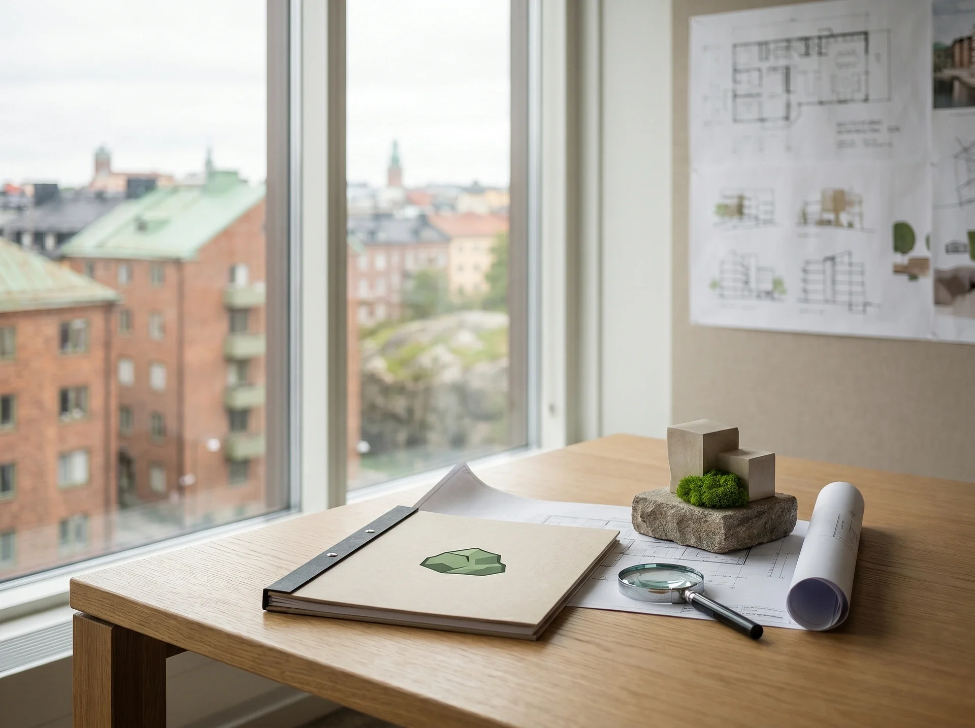 Arkitektskrivbord med ritningar, förstoringsglas och stadsvy genom fönster.