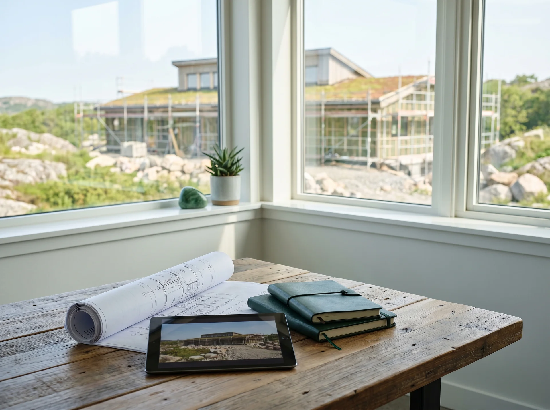 Arkitektskrivbord med ritningar, surfplatta och anteckningsböcker mot byggarbetsplats.
