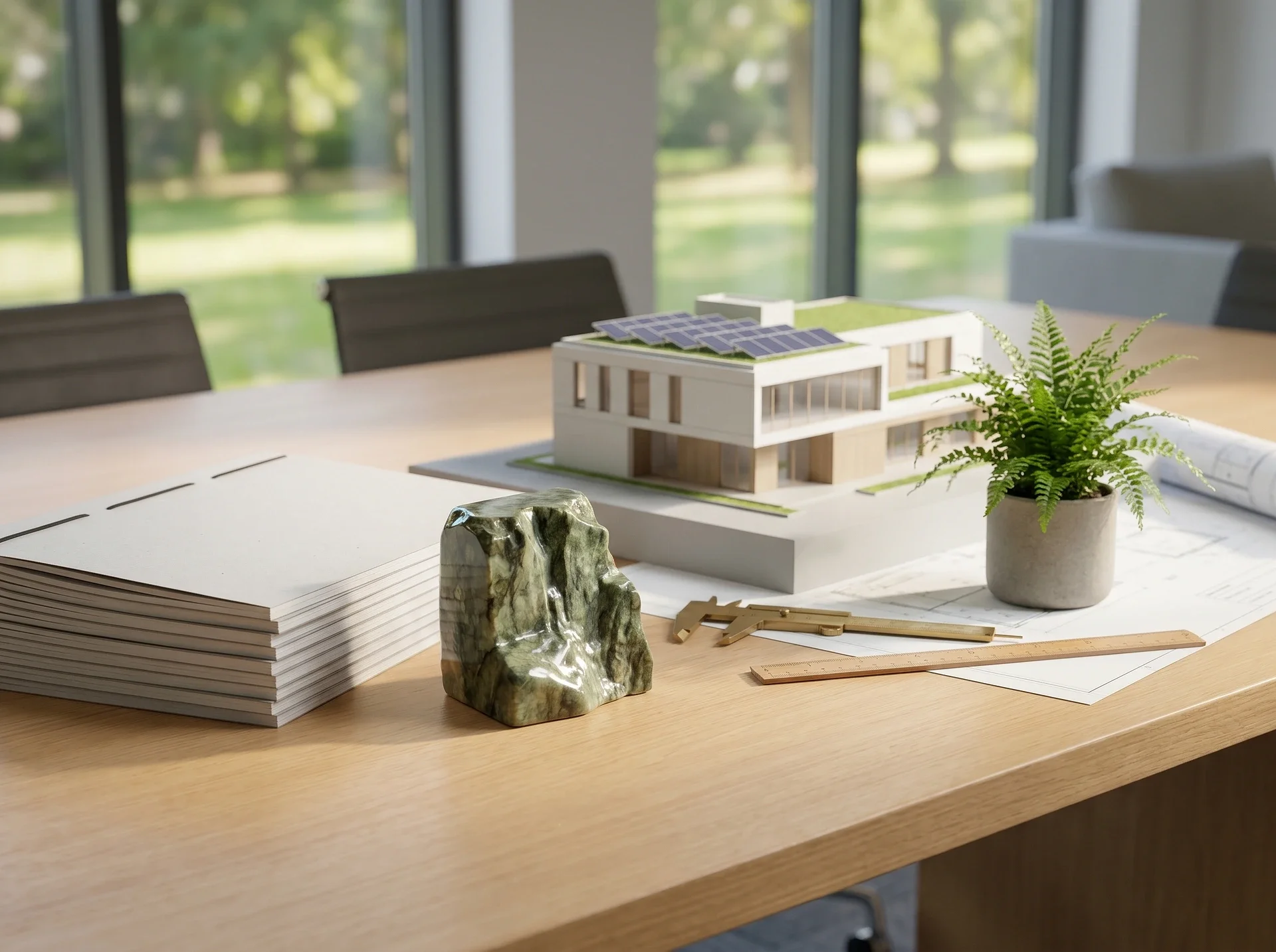 Arkitektkontor med husmodell, ritningar, linjal och krukväxt på bord.